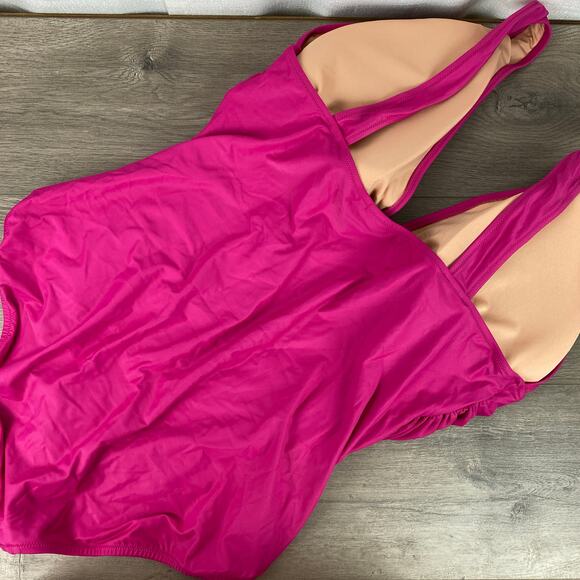 J.Crew Magenta Orchid Ruched V Neck One Piece Swimsuit Sz.22W NWT - Picture 9 of 11